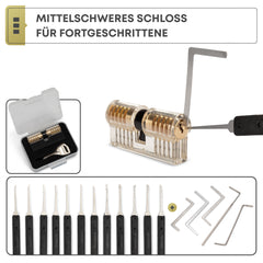 PickDieb 26-teiliges Lockpicking Set mit 3 transparenten Übungsschlössern + Abdeckungen und Anleitung | Schlosszylinder aus Metall | Dietrichset für Anfänger und Fortgeschrittene