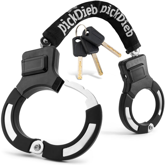 PickDieb Handschellenschloss für Fahrrad, E Scooter & Roller - Fahrradschloss Handschellen für E Bike extrem Robust & hohe Sicherheit - Massives Schloss mit 9 Gliedern und Kettenschutz - keine Kratzer