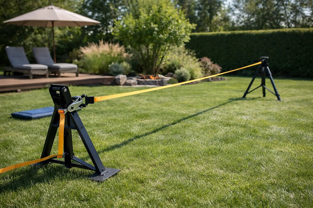 Slackline ohne Bäume aufbauen im Garten