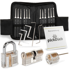 PickDieb 26-teiliges Lockpicking Set mit 3 transparenten Übungsschlössern + Abdeckungen und Anleitung | Schlosszylinder aus Metall | Dietrichset für Anfänger und Fortgeschrittene