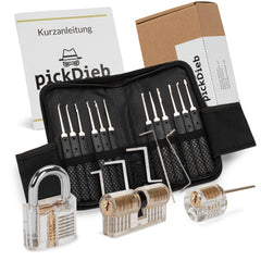PickDieb 26-teiliges Lockpicking Set mit 3 transparenten Übungsschlössern + Abdeckungen und Anleitung | Schlosszylinder aus Metall | Dietrichset für Anfänger und Fortgeschrittene