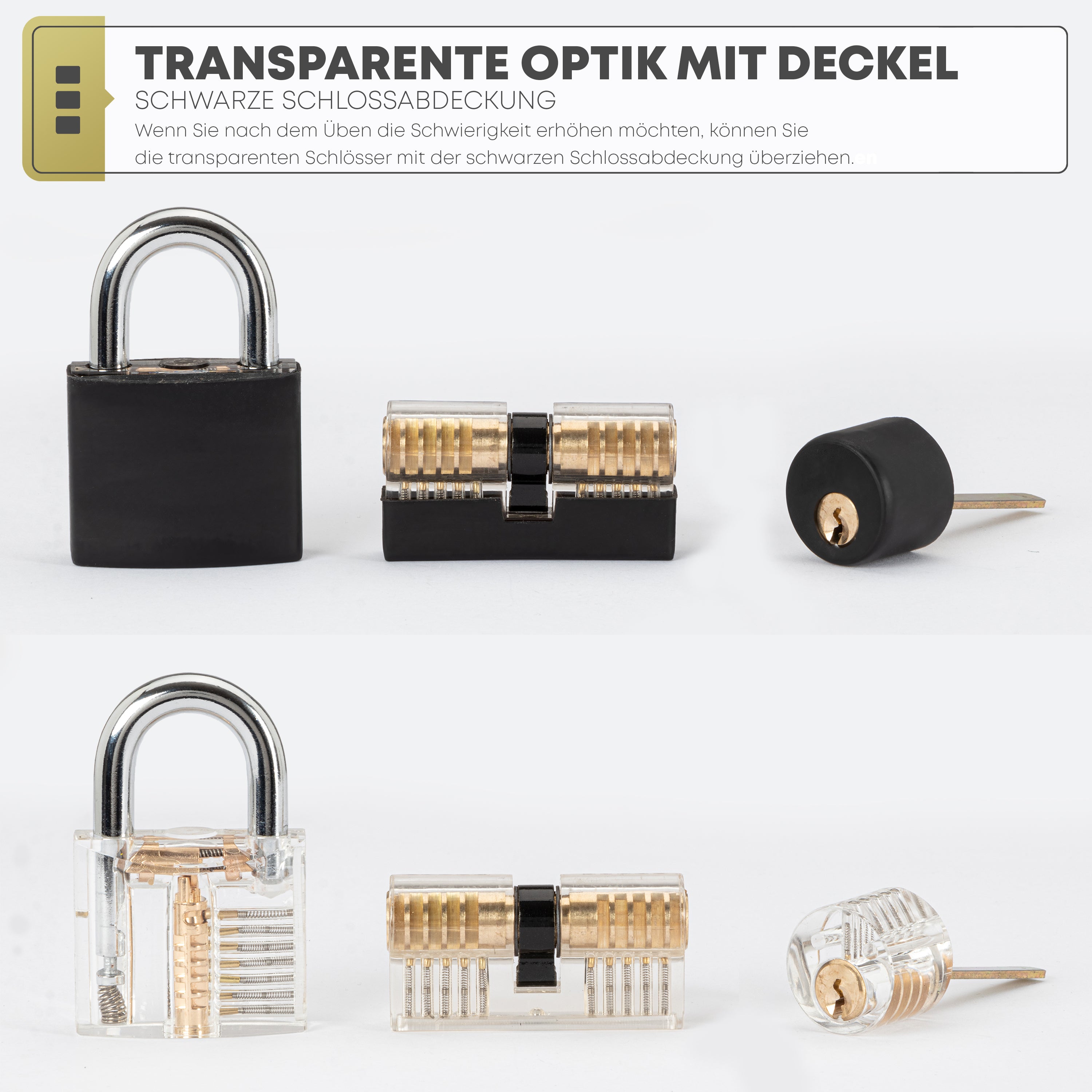 PickDieb 26-teiliges Lockpicking Set mit 3 transparenten Übungsschlössern + Abdeckungen und Anleitung | Schlosszylinder aus Metall | Dietrichset für Anfänger und Fortgeschrittene