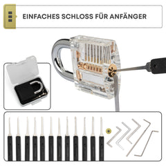 PickDieb 26-teiliges Lockpicking Set mit 3 transparenten Übungsschlössern + Abdeckungen und Anleitung | Schlosszylinder aus Metall | Dietrichset für Anfänger und Fortgeschrittene