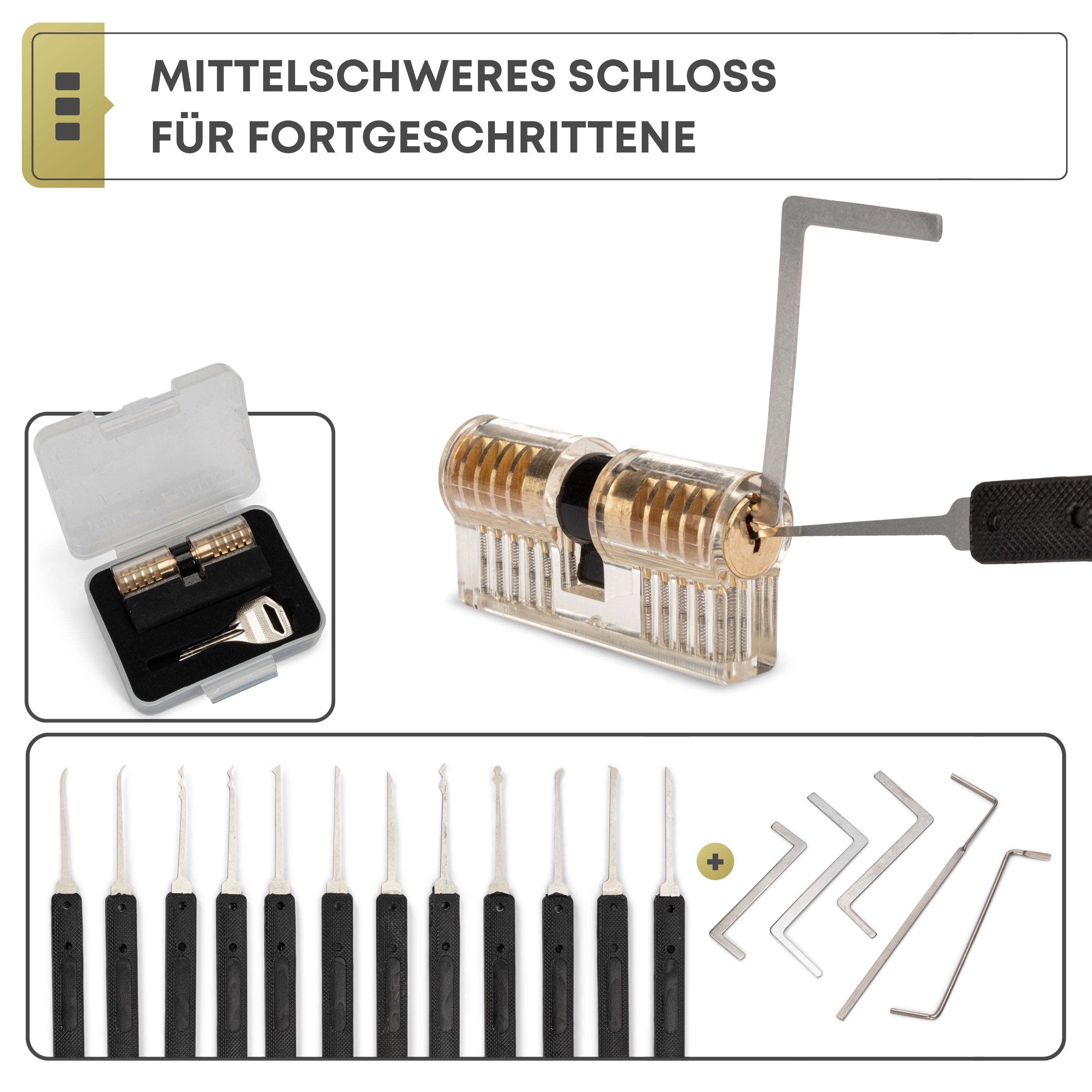 PickDieb 26-teiliges Lockpicking Set mit 3 transparenten Übungsschlössern + Abdeckungen und Anleitung | Schlosszylinder aus Metall | Dietrichset für Anfänger und Fortgeschrittene