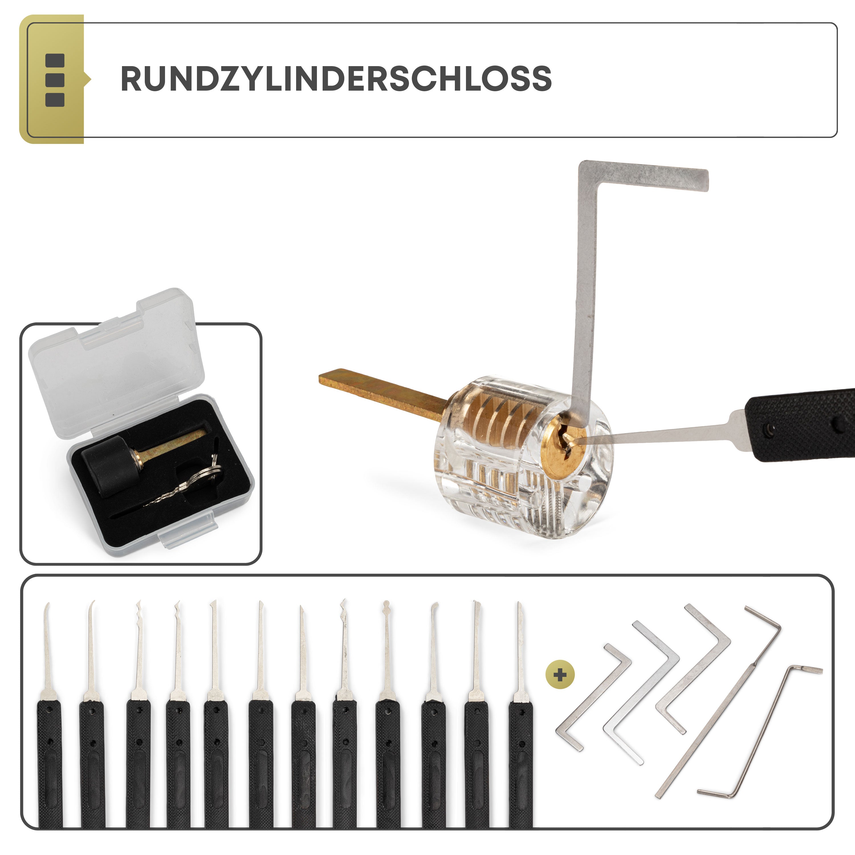 PickDieb 26-teiliges Lockpicking Set mit 3 transparenten Übungsschlössern + Abdeckungen und Anleitung | Schlosszylinder aus Metall | Dietrichset für Anfänger und Fortgeschrittene