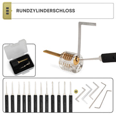 PickDieb 26-teiliges Lockpicking Set mit 3 transparenten Übungsschlössern + Abdeckungen und Anleitung | Schlosszylinder aus Metall | Dietrichset für Anfänger und Fortgeschrittene