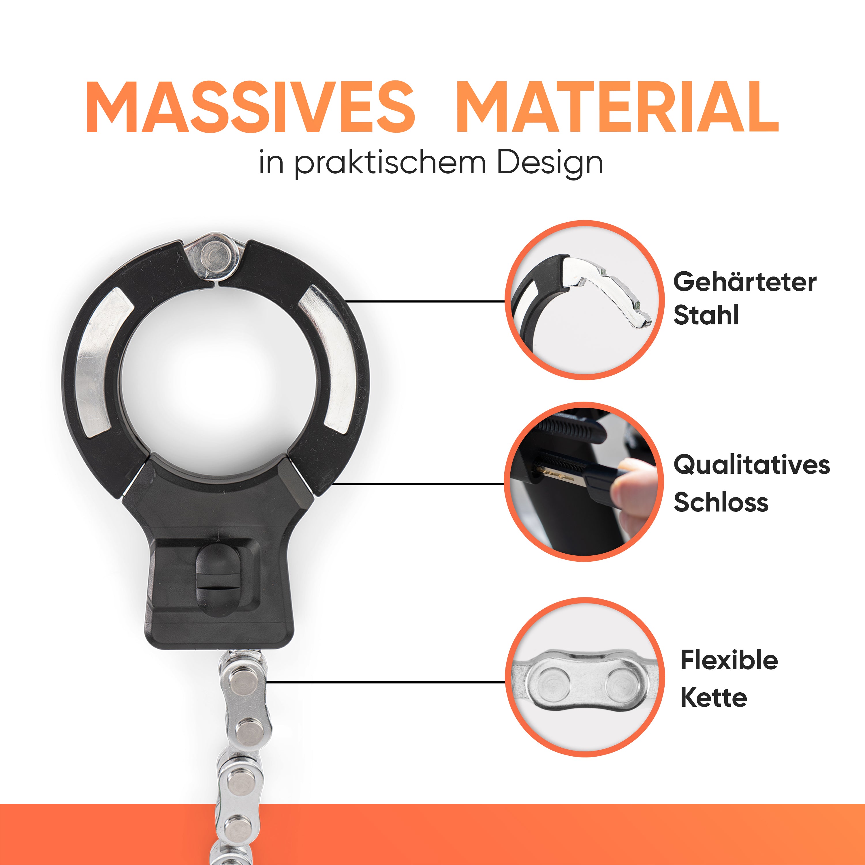 PickDieb Handschellenschloss für Fahrrad, E Scooter & Roller - Fahrradschloss Handschellen für E Bike extrem Robust & hohe Sicherheit - Massives Schloss mit 9 Gliedern und Kettenschutz - keine Kratzer