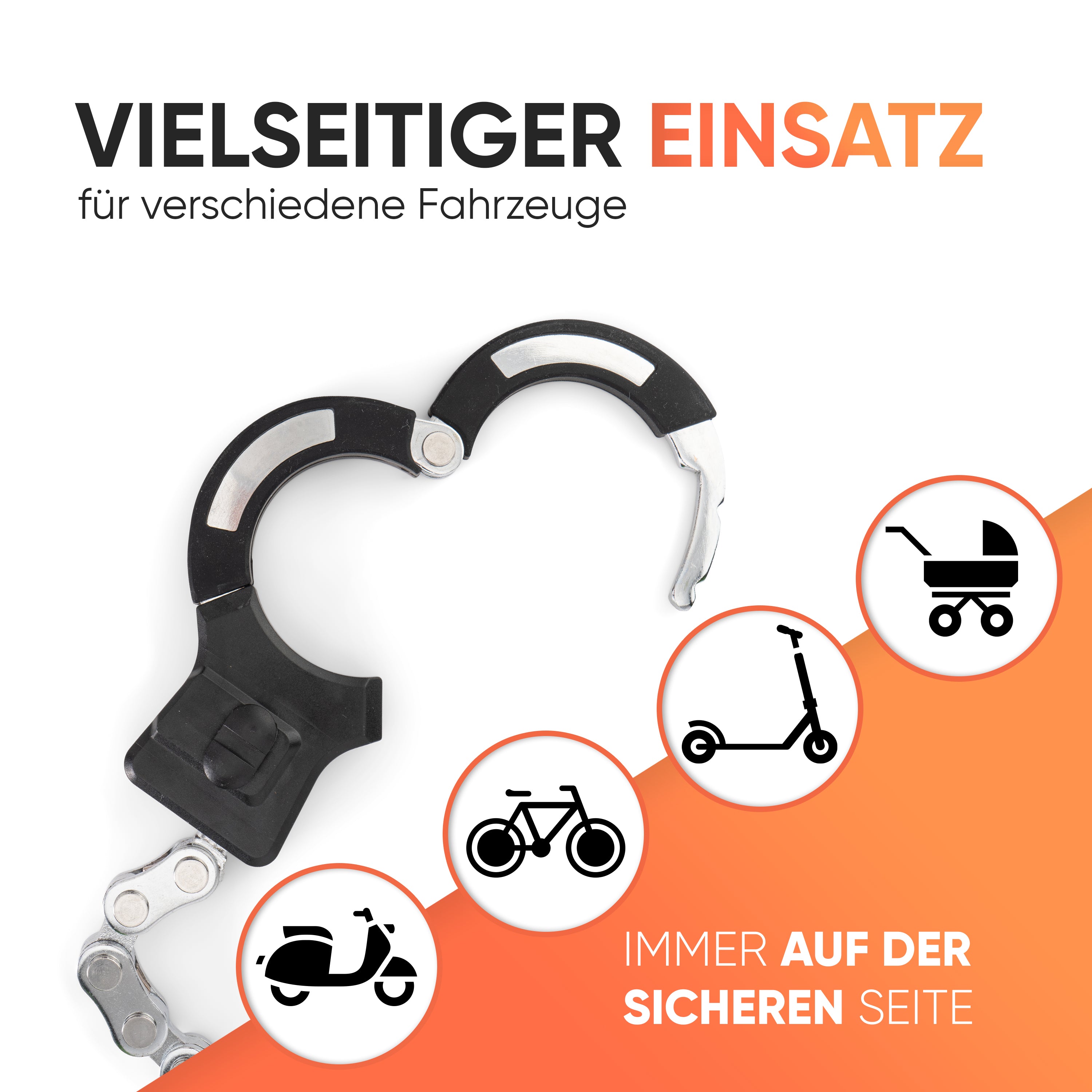 PickDieb Handschellenschloss für Fahrrad, E Scooter & Roller - Fahrradschloss Handschellen für E Bike extrem Robust & hohe Sicherheit - Massives Schloss mit 9 Gliedern und Kettenschutz - keine Kratzer